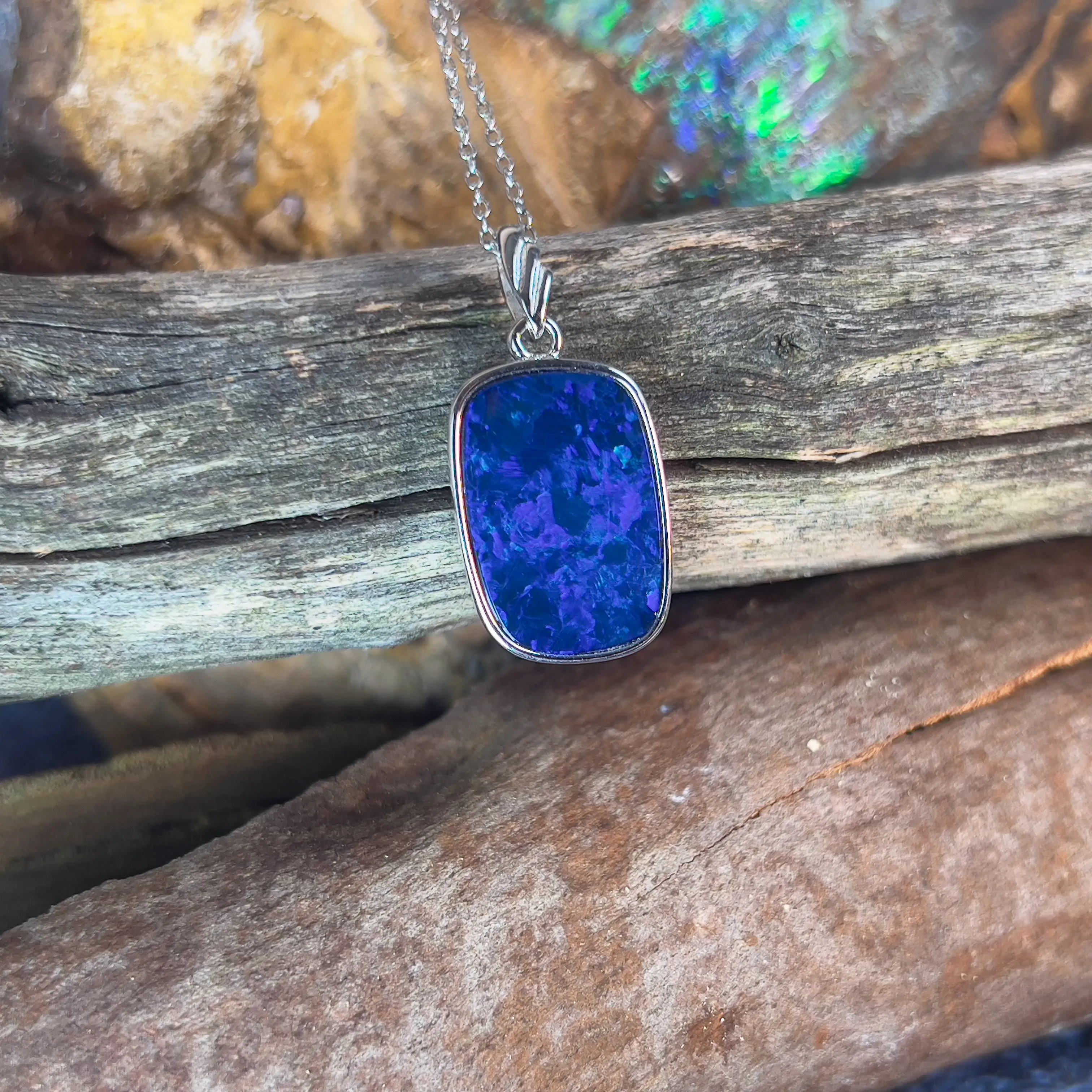 Sterling Silver Blue Opal doublet rectangular pendant