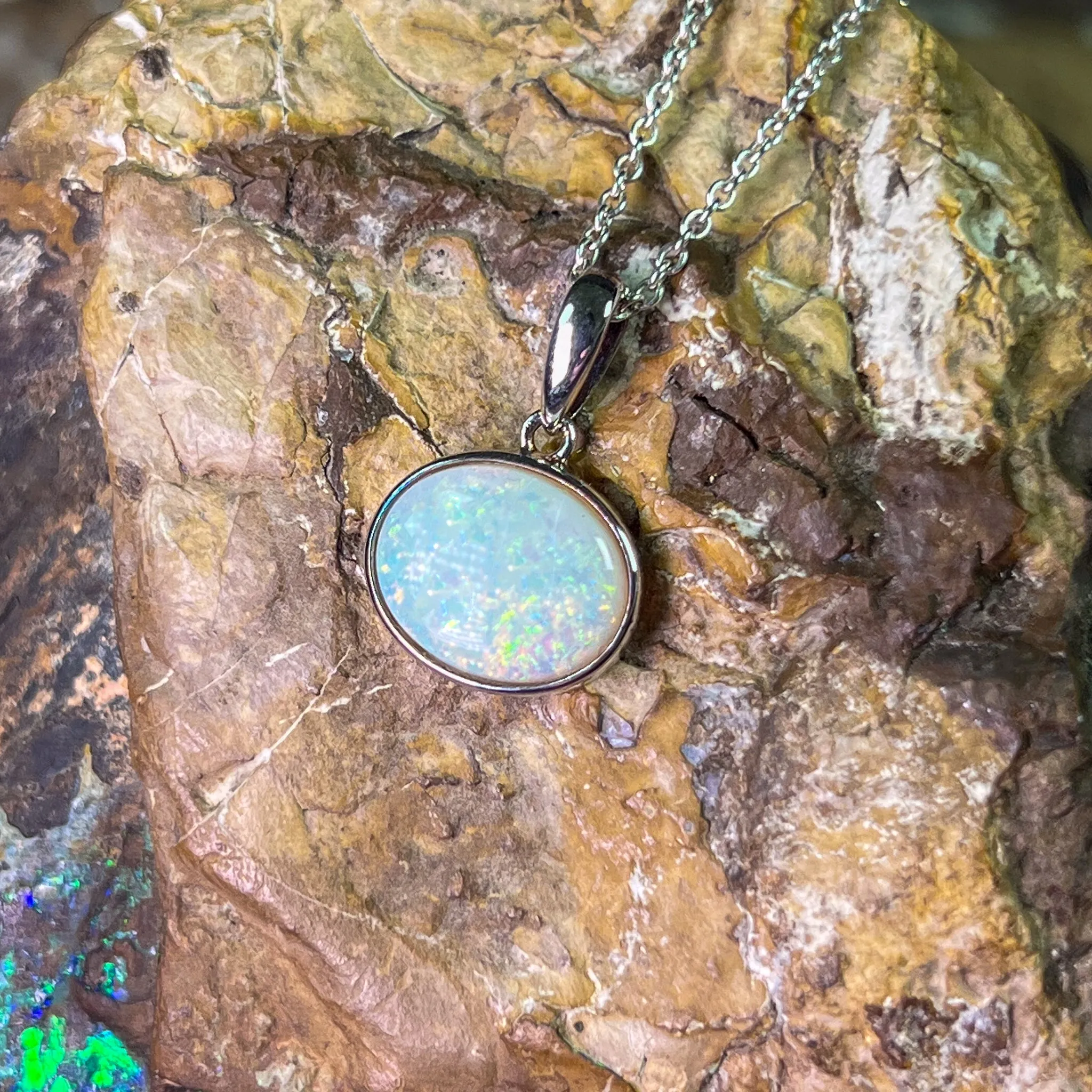 Sterling Silver horizontal set Light Opal 12x10mm bezel pendant