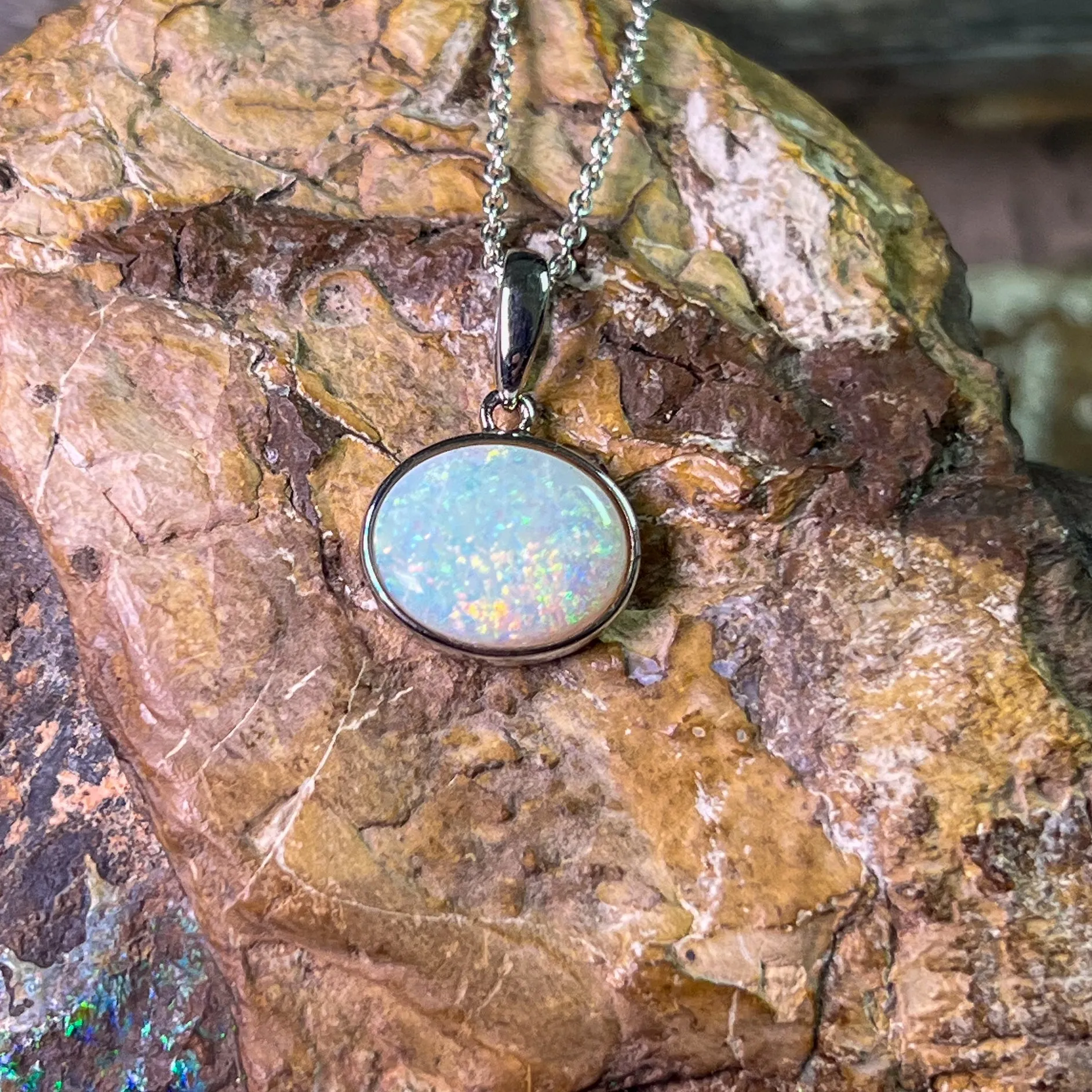 Sterling Silver horizontal set Light Opal 12x10mm bezel pendant