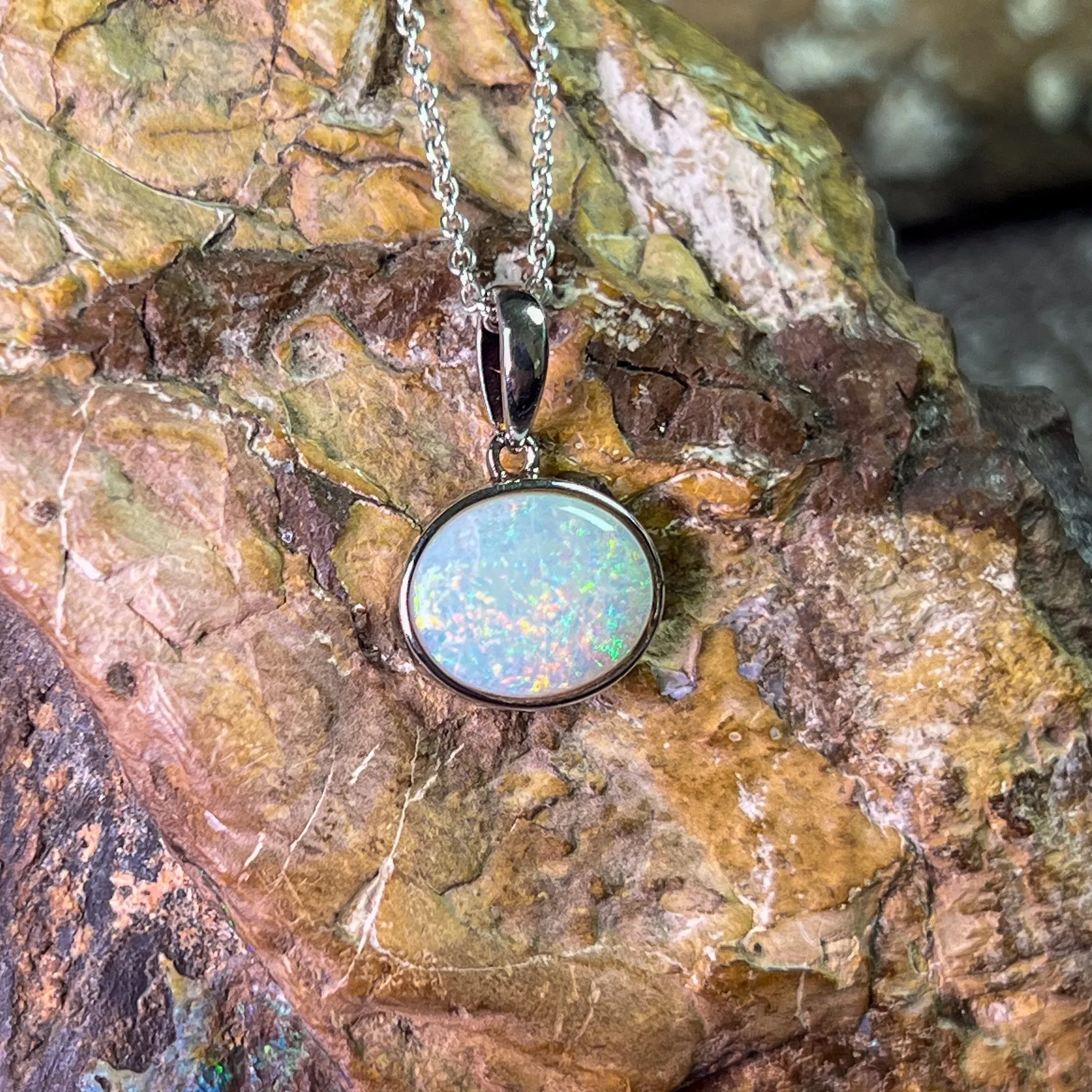 Sterling Silver horizontal set Light Opal 12x10mm bezel pendant
