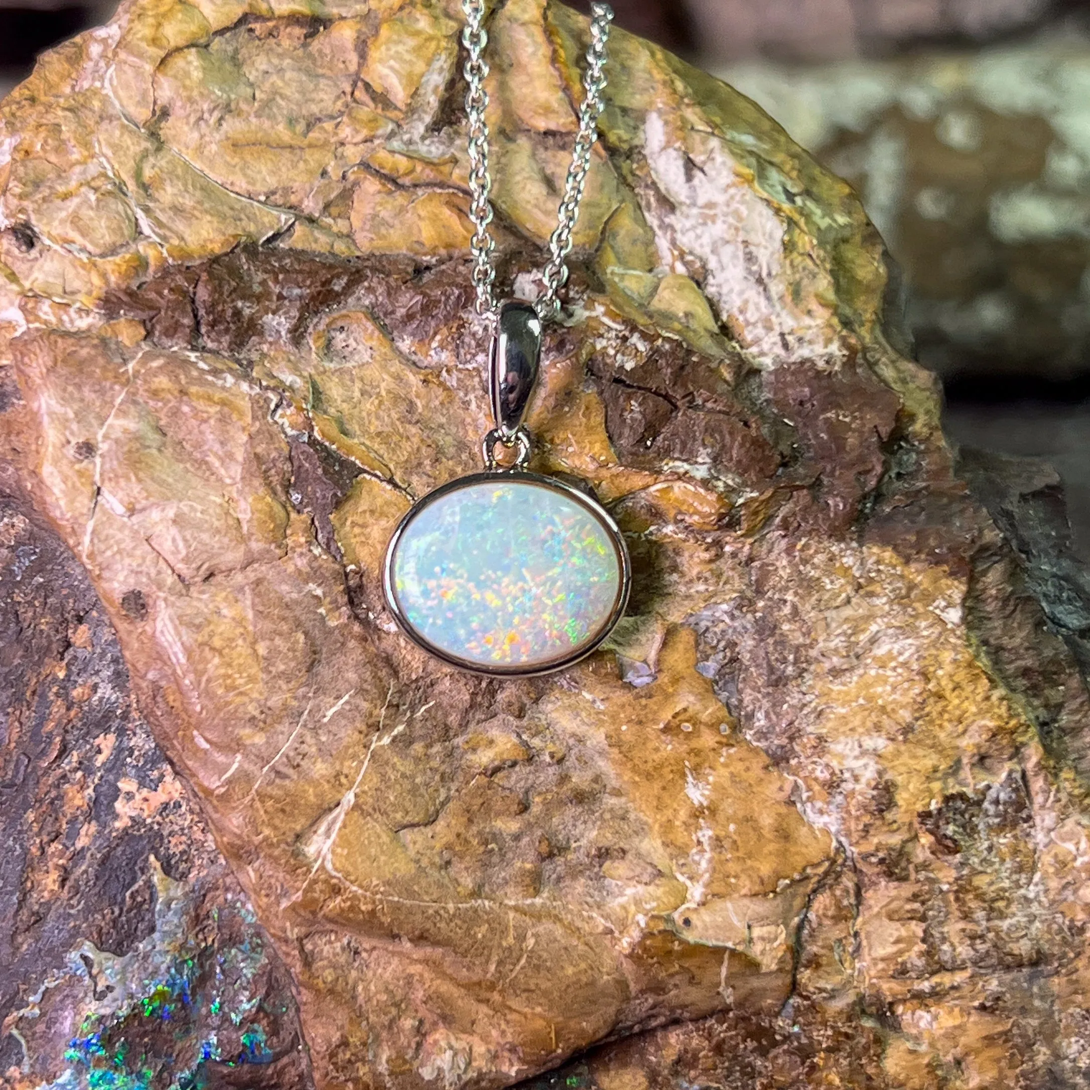 Sterling Silver horizontal set Light Opal 12x10mm bezel pendant