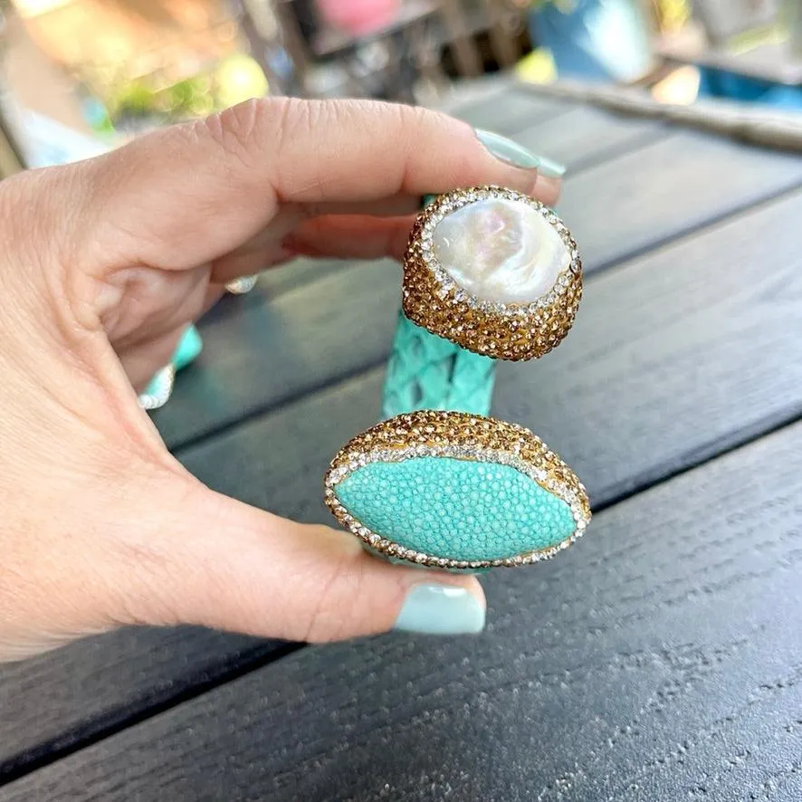 Turquoise Snake Embossed Leather Cuff with Stingray Leather & Pearl Accents