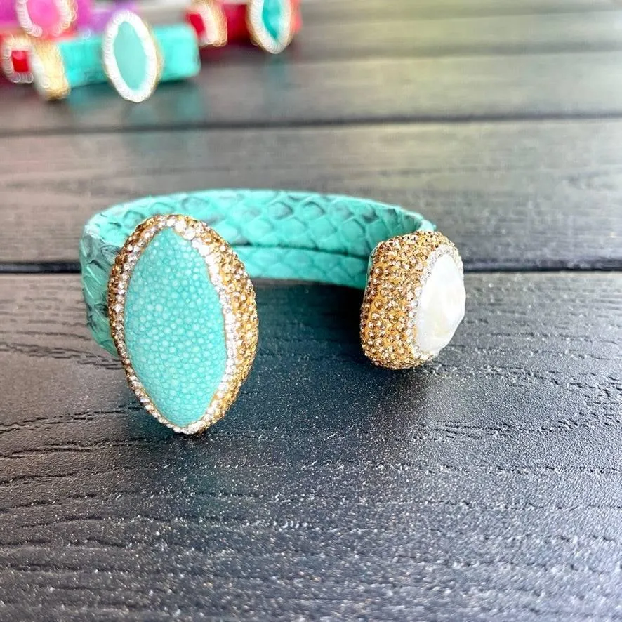 Turquoise Snake Embossed Leather Cuff with Stingray Leather & Pearl Accents
