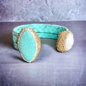 Turquoise Snake Embossed Leather Cuff with Stingray Leather & Pearl Accents