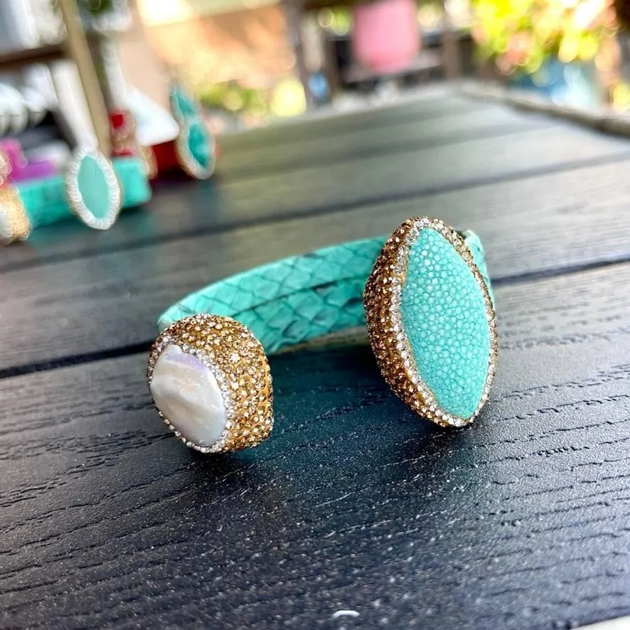 Turquoise Snake Embossed Leather Cuff with Stingray Leather & Pearl Accents