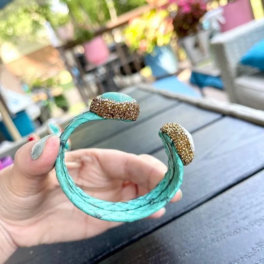 Turquoise Snake Embossed Leather Cuff with Stingray Leather & Pearl Accents