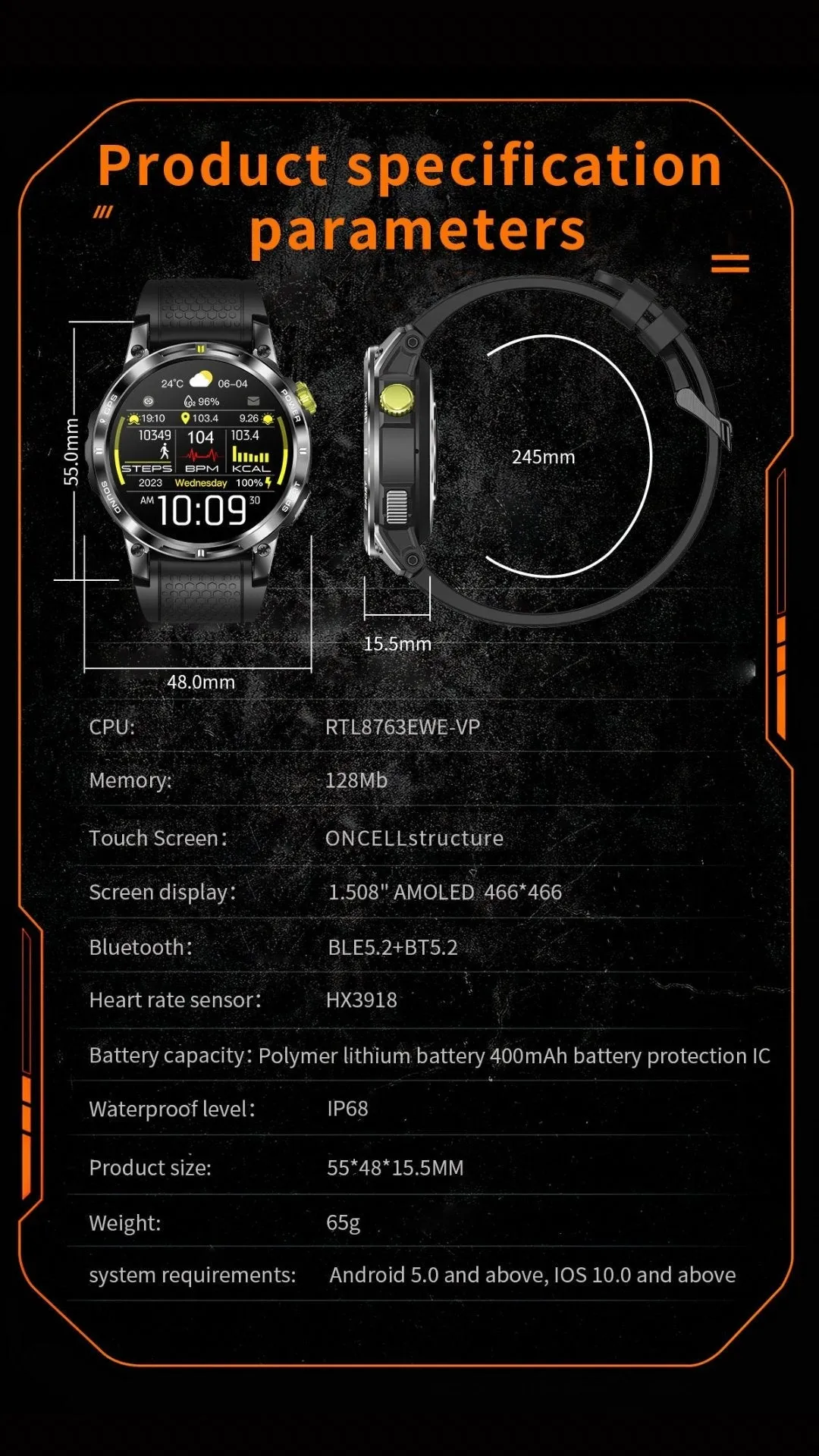 TUTT NX18 Pro GPS AMOLED Metal Rugged Smart Watch | Compass | IP68 Waterproof | Exercise | Long Battery 128MB Memory Reloj 2 Straps | Always On Display Option