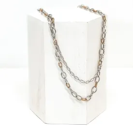 Two Strand Hammered Chain Link Necklace with Gold Spacers in Silver