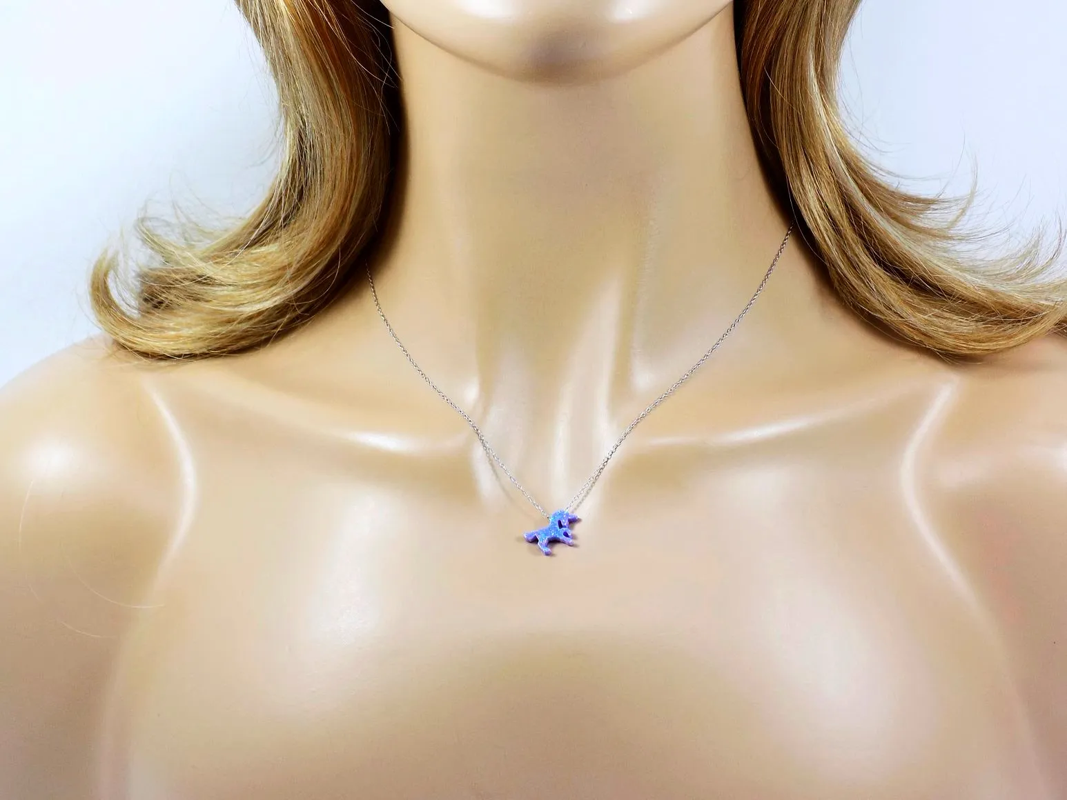 Unicorn Necklace Purple Lab-Created Opal Pendant 925 Sterling Silver Chain