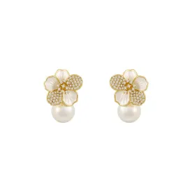 VAIGE French Light Luxury Micro Set Zircon White Enamel Camellia Pearl Drop Earrings - Classic Fashion Jewelry Accessories